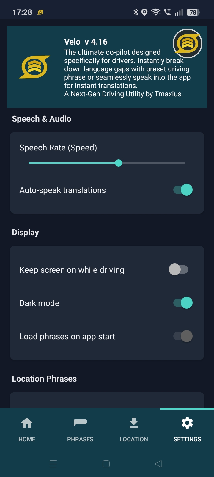 Velo Settings Panel